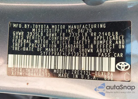 2020 Toyota Corolla Le from USA, damaged, VIN 5YFEPRAE4LP139283